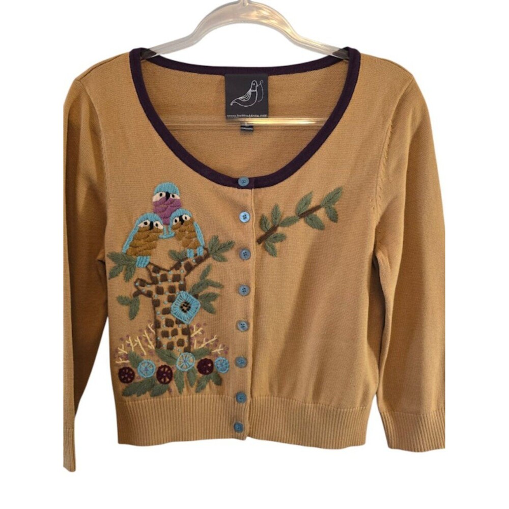 COTTON BLEND CARDIGAN KNITTED DOVE EMBROIDERED WOODLAND DESIGN SIZE LARGE